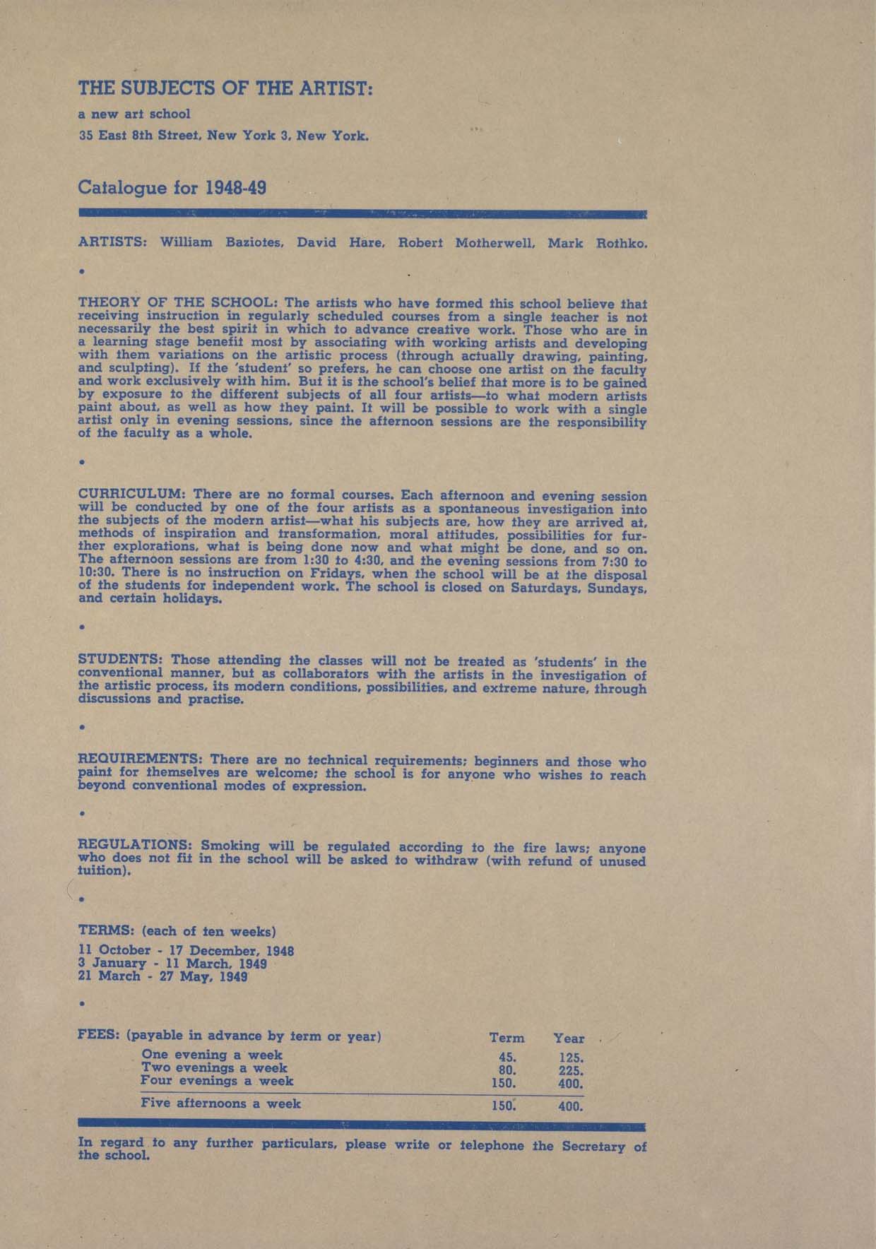 Poster announcing The Subjects of the Artist school, 1948