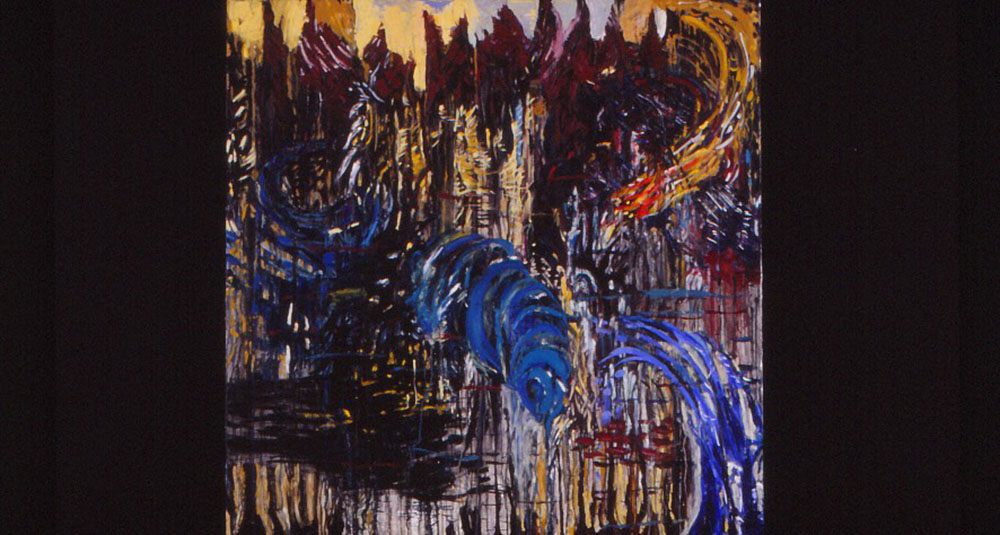 An abstract painting in maroon, blue, ochre and white