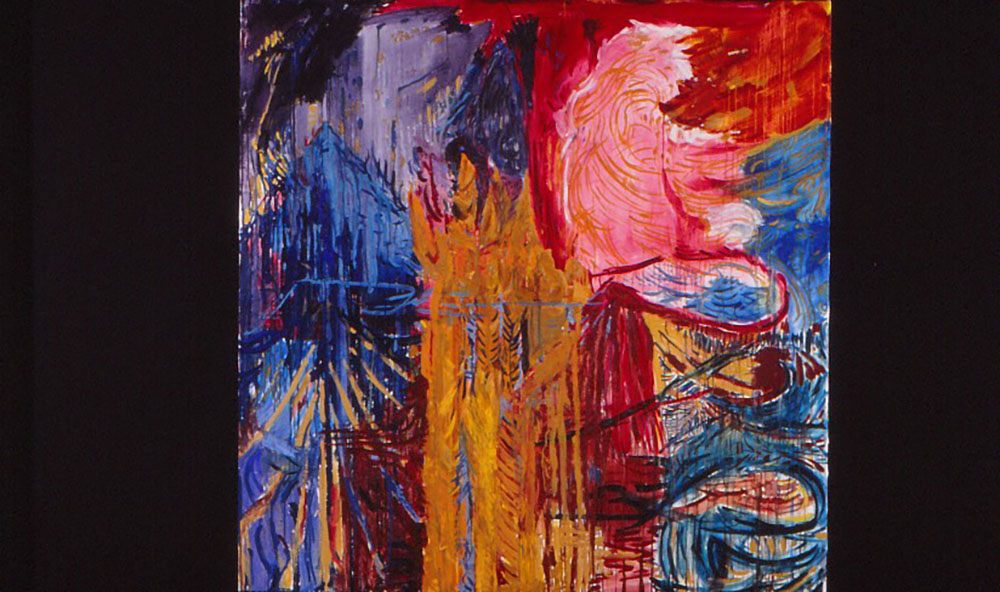 An abstract painting in red, pink, blue and ochre