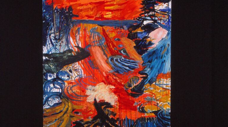 An abstract painting in red, blue, white and black