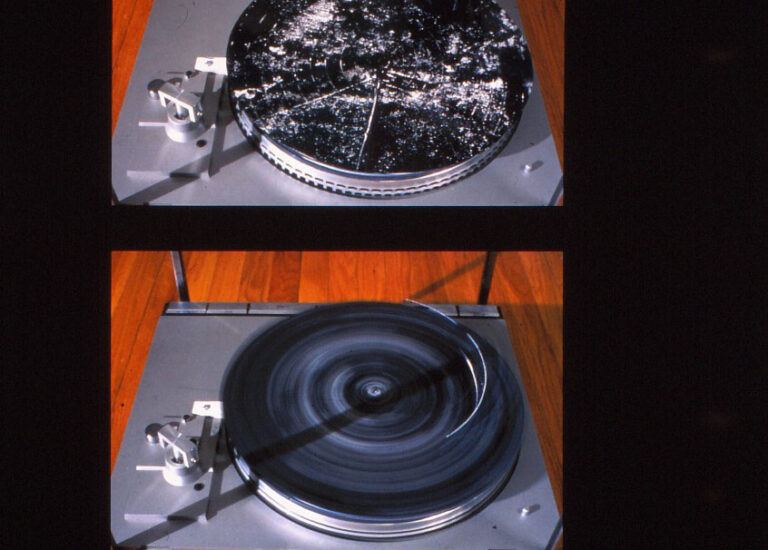 Two images of a turntable, one shattered