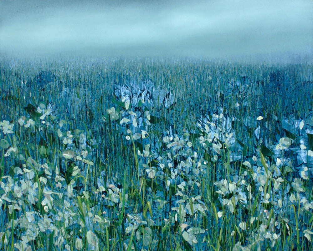 A painting of a field of blue and white flowers