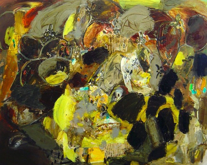 An abstract painting in black, yellow, white and shades of red