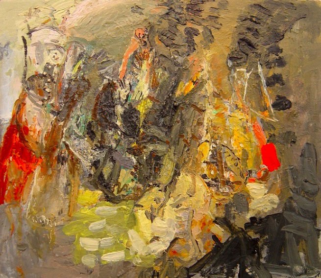 An abstract painting in shades of green, yellow, red, black and white