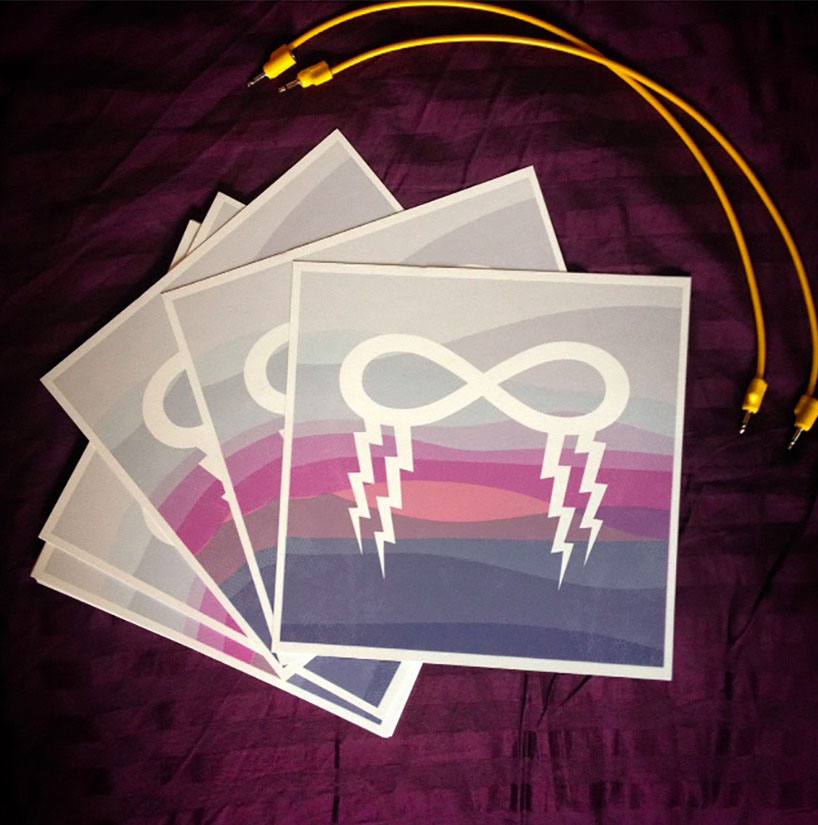 A collection of four multiple identical prints of an infinity sign with two lightning bolts