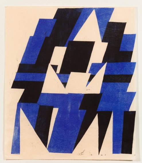 An abstract geometric painting in blue, white, and black