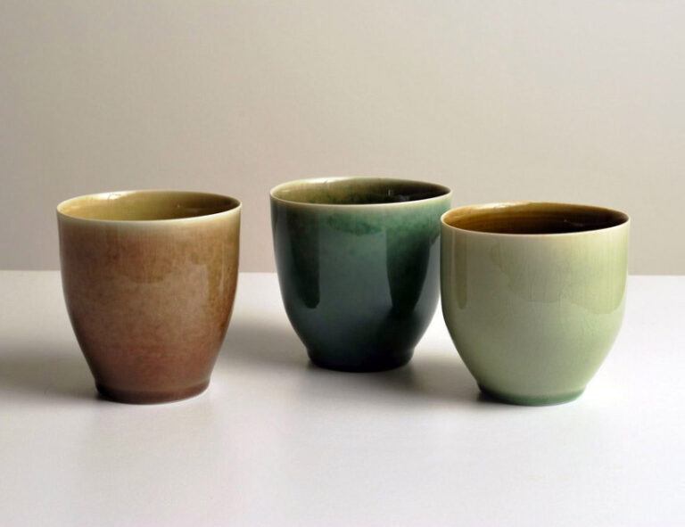 Three ceramic cups on a white table