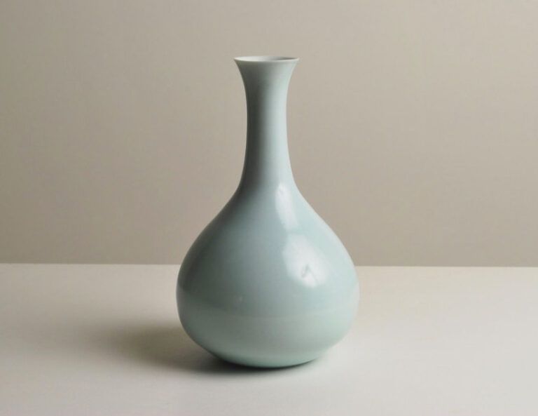 A blue ceramic vase on a white table