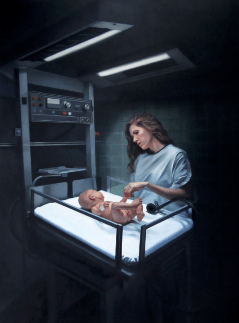 A painting of a baby and woman in a hospital room