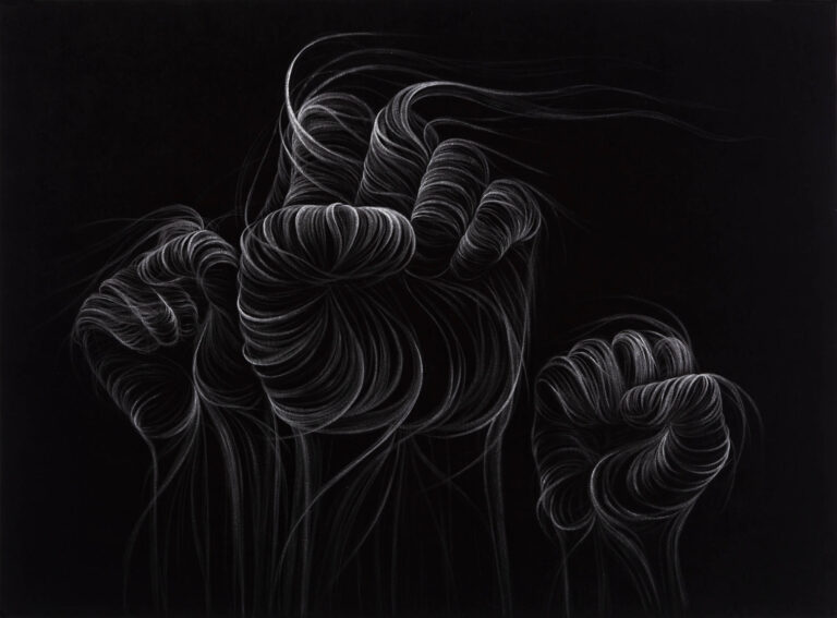 A drawing of three hands made from string or hair