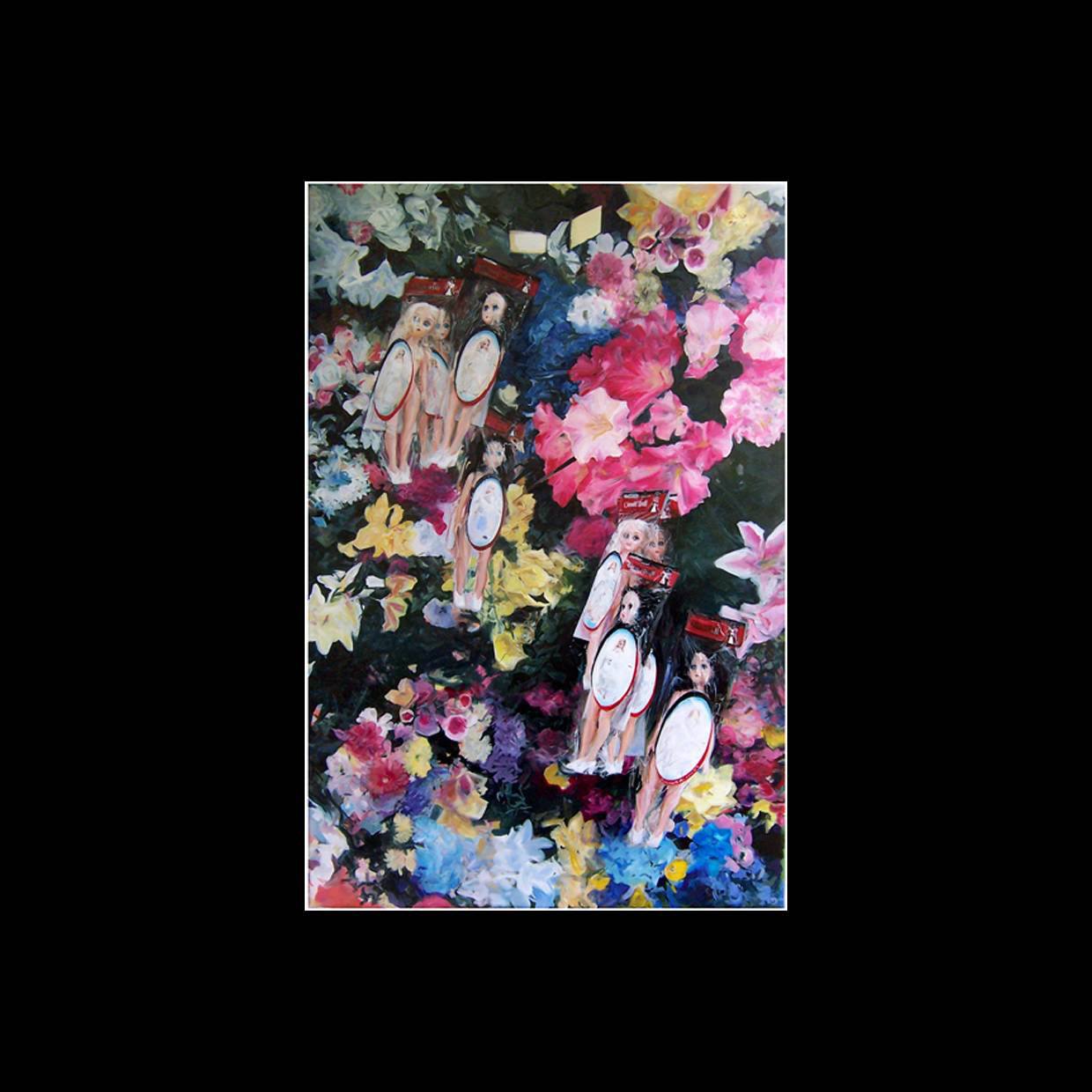 A painting of dolls and flowers