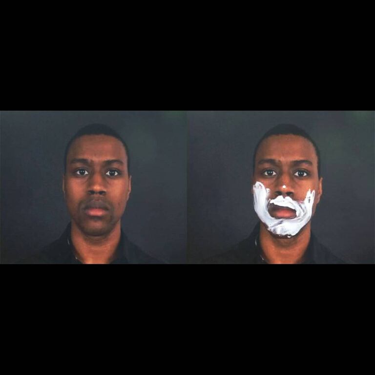 Two images of a man with a white substance on his face