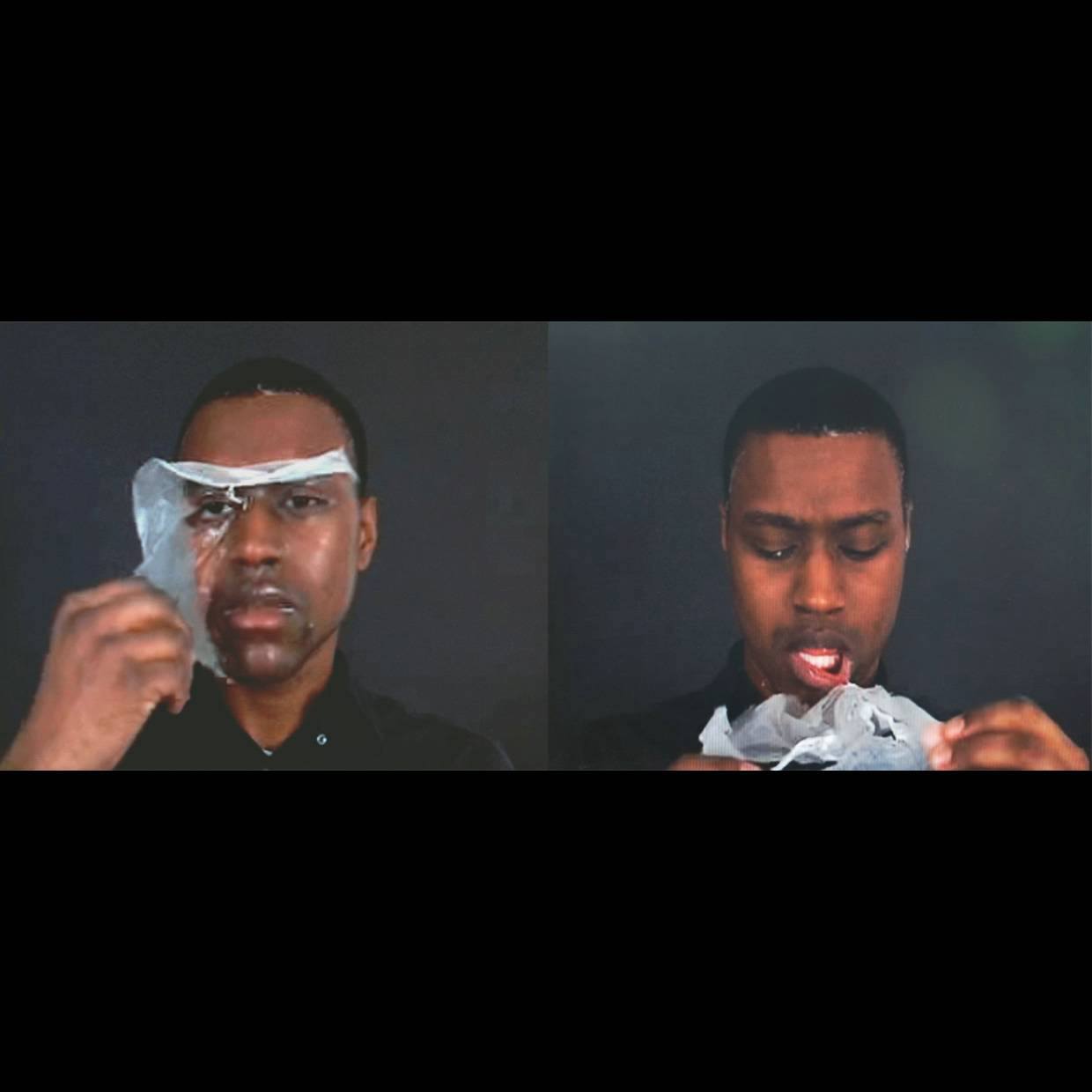 Two images of a man removing a clear skin from his face