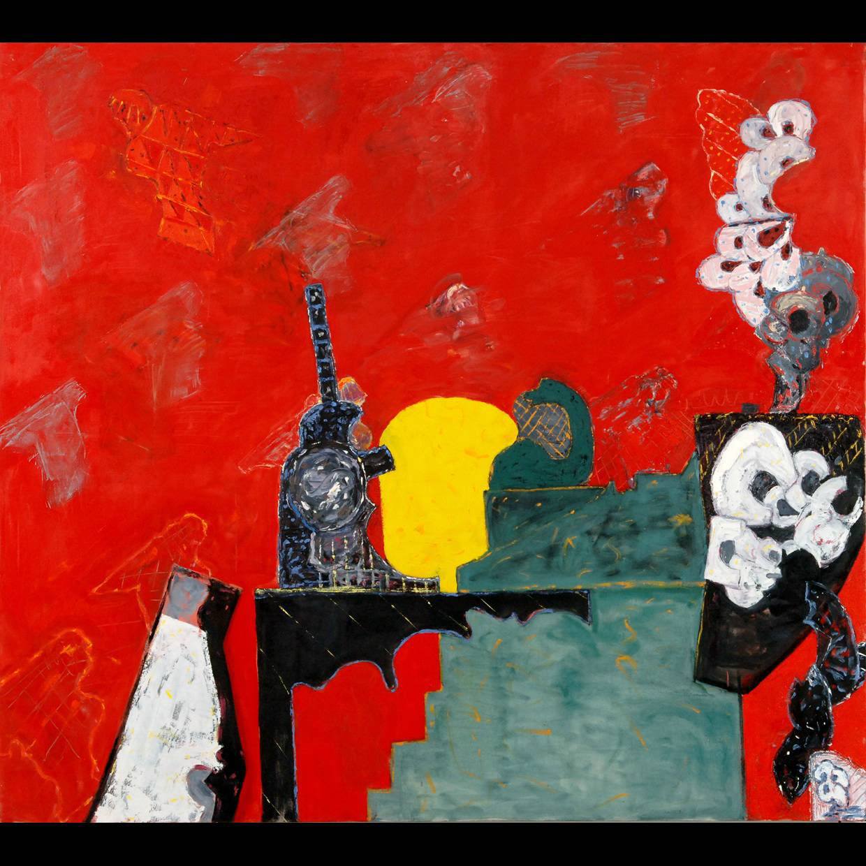 An abstract painting containing unrecognizable forms on a red background