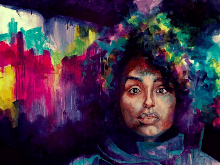 A painting of a woman against an abstract colorful background