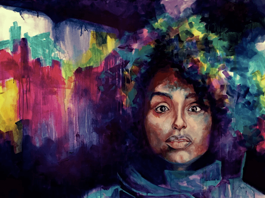 A painting of a woman against an abstract colorful background