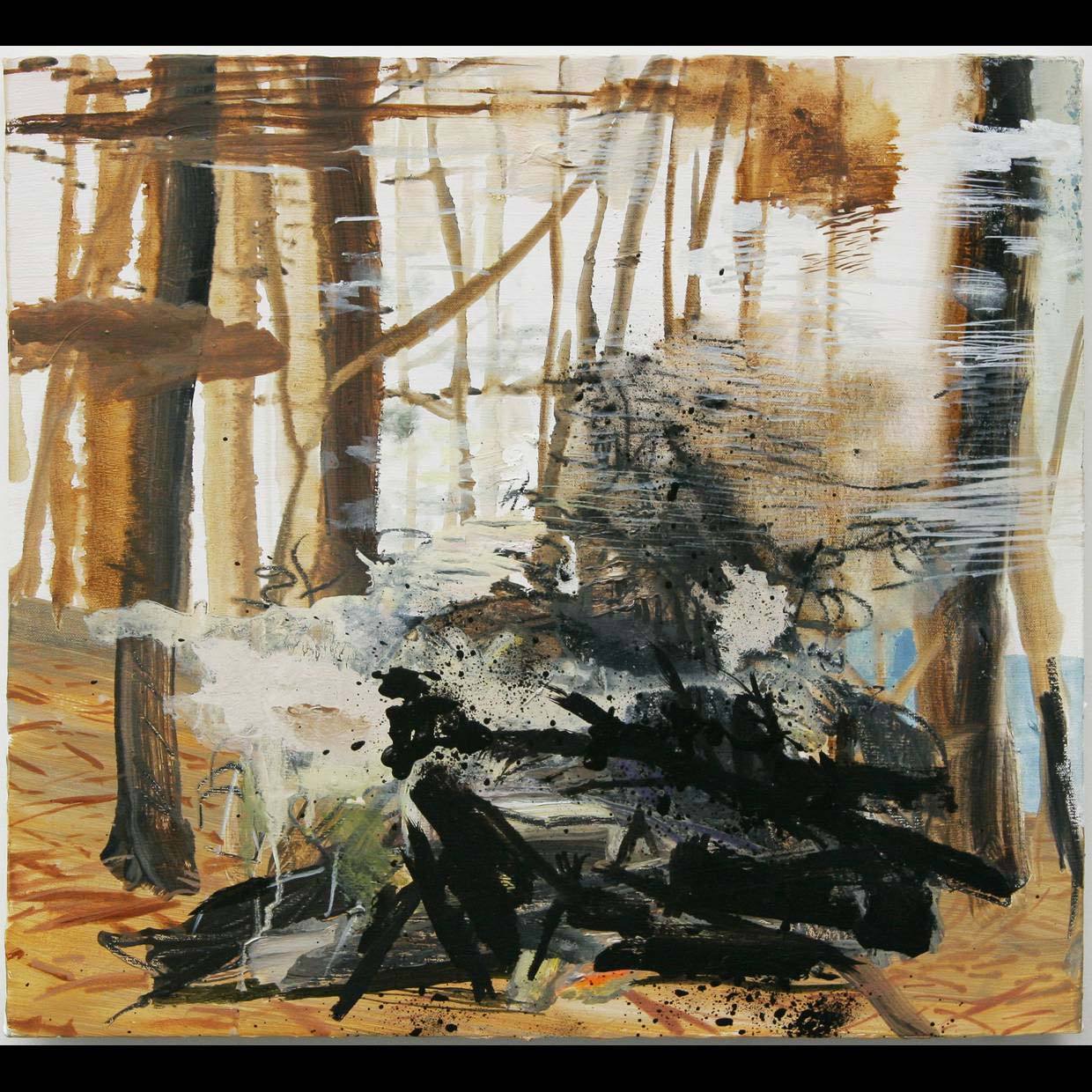 An abstract painting of a forest scene