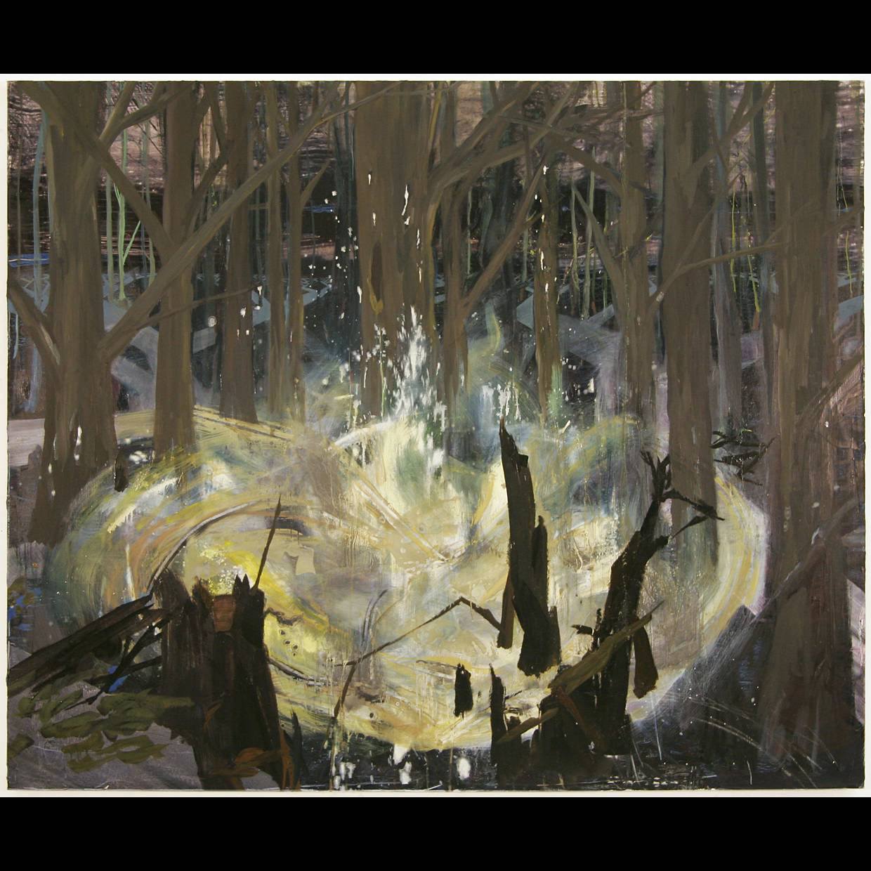 An abstract painting of trees with a yellow and white bright form at the center