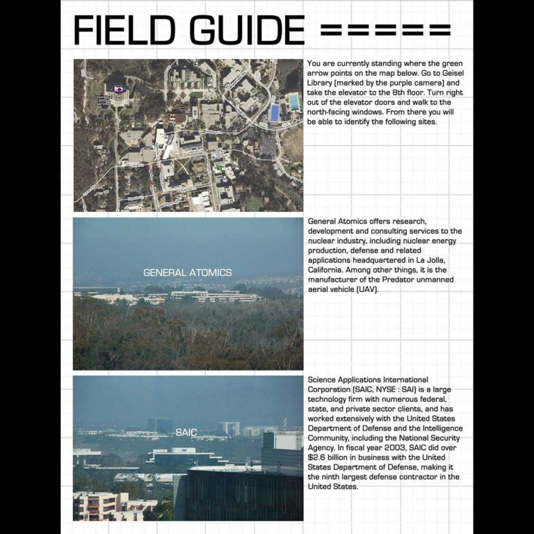 A paper labeled "field guide" with a map showing the user's location, an image of General Atomics, and an image of the Science Applications International Corporation