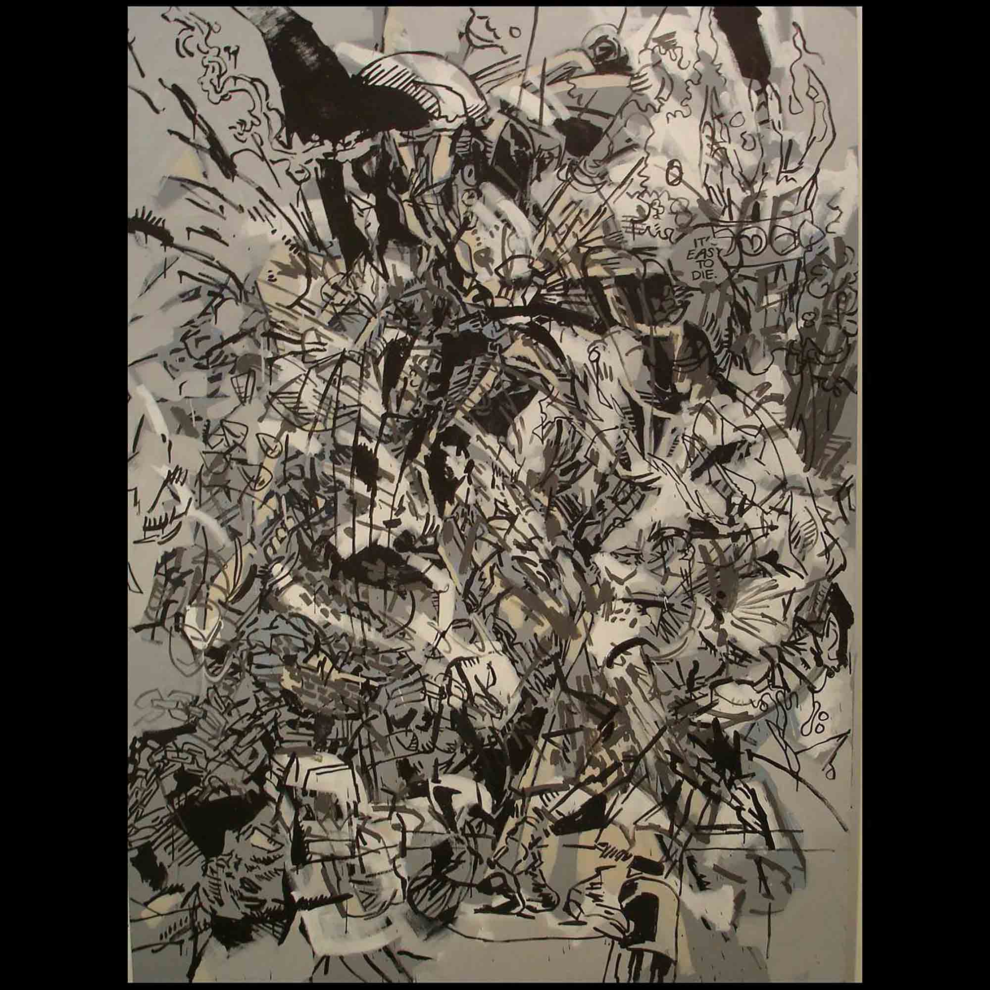 An abstract black and white paintings featuring gestural brush strokes layered with illustrations