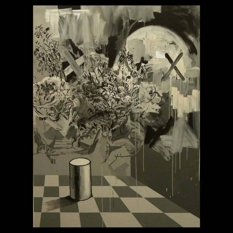 A black and white painting containing a chess board with abstract pattens and gestures