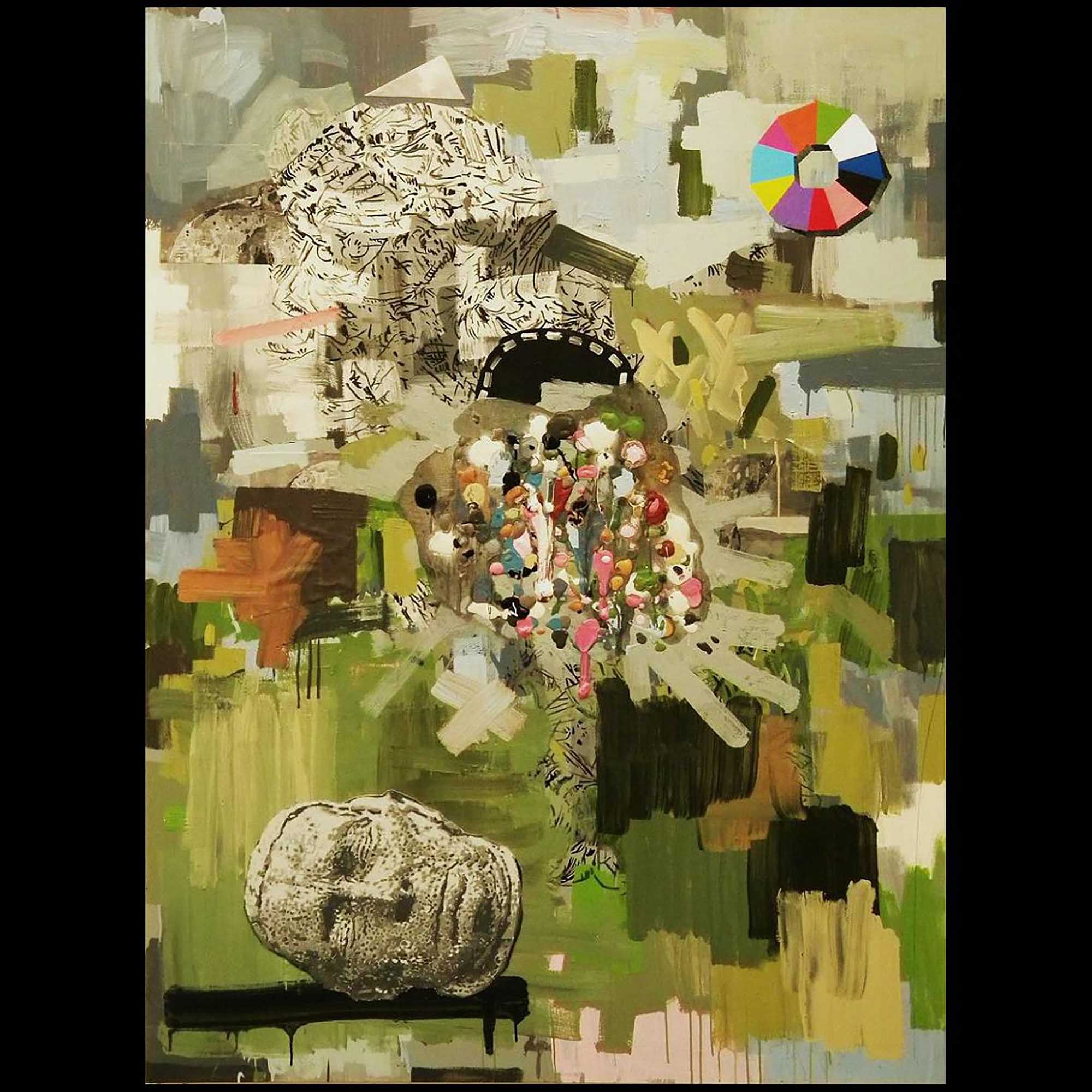 An abstract painting with a bust of a man's head and colorful wheel