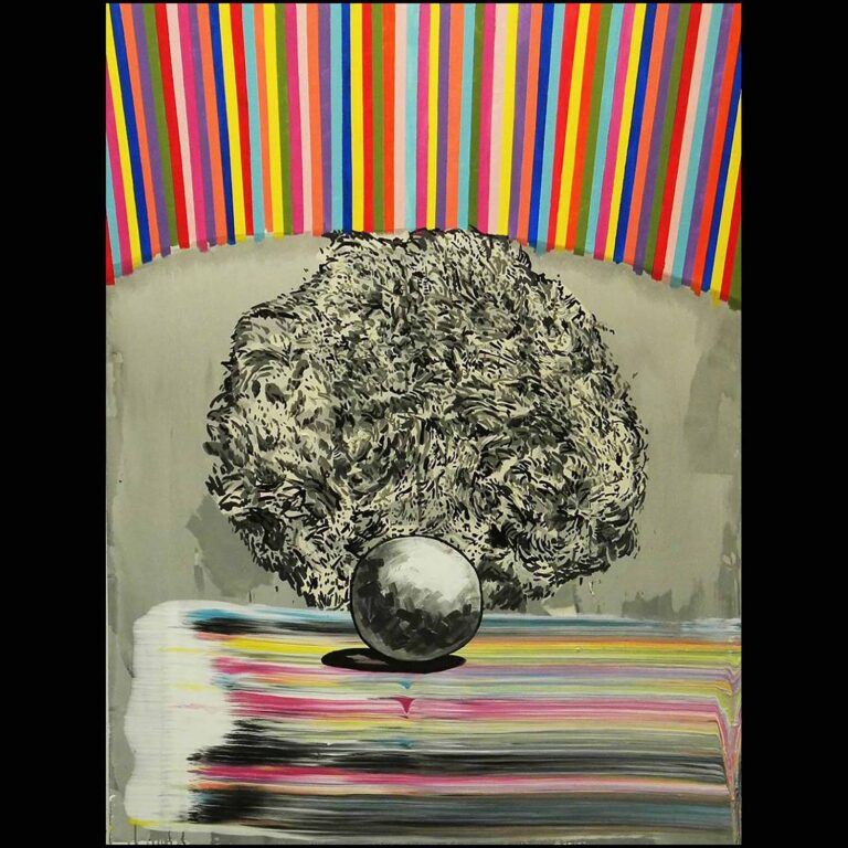 A colorful painting with a gray and white sphere at its center