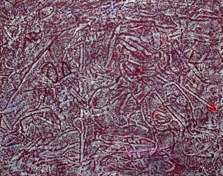 A dark red and pale blue abstract artwork with gestural marks and a graininess throughout