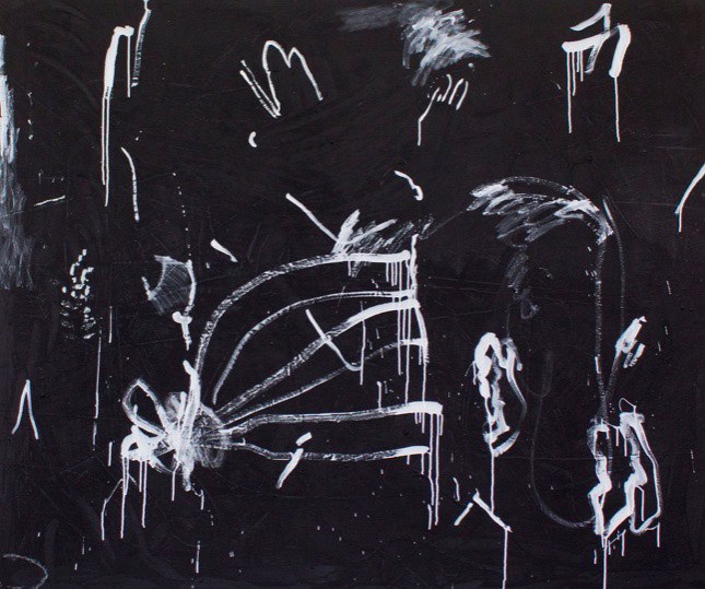 White abstract gestural paintstrokes on a black ground