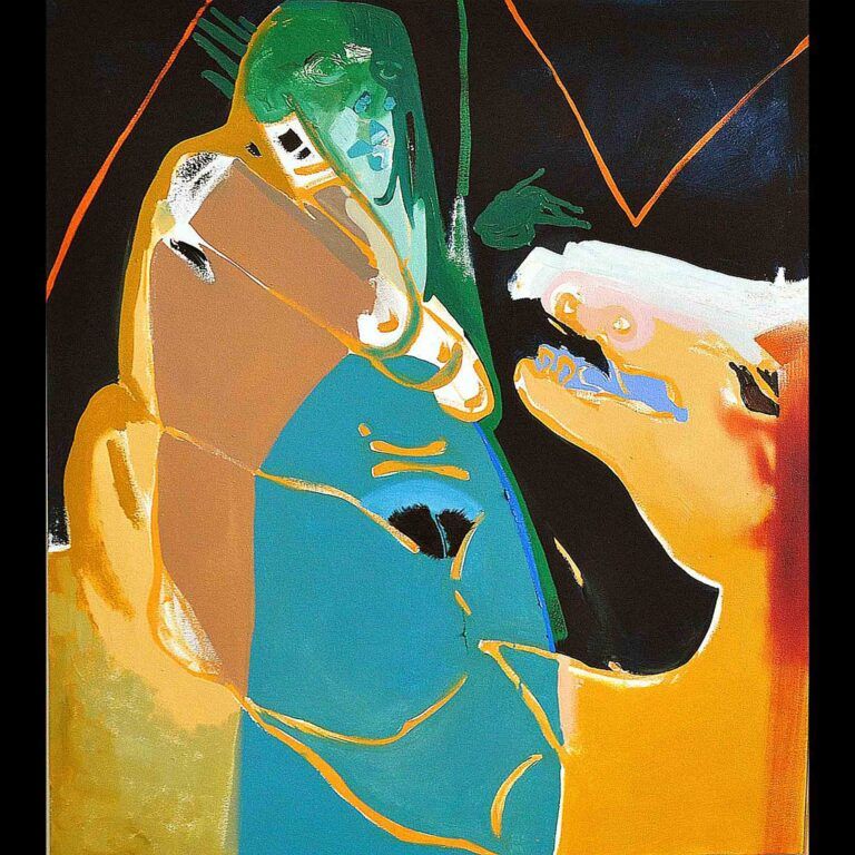 An abstract painting of a person and horse