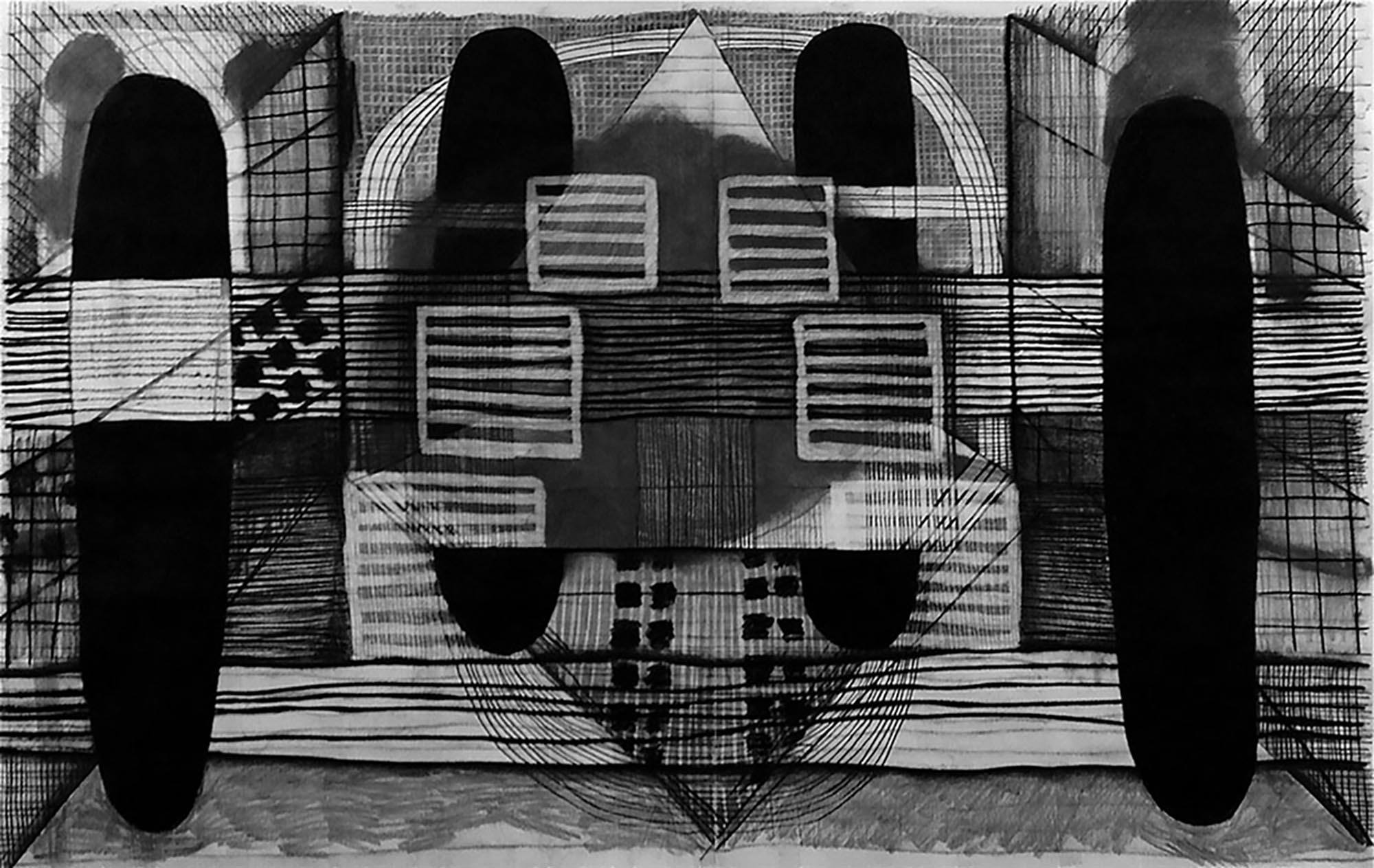 an abstract geometric line drawing in black and white containing architectural shapes