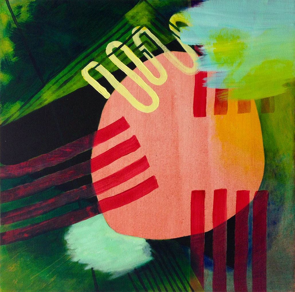 An abstract painting featuring patterns in red, yellow, and green overlaid on a pink circle