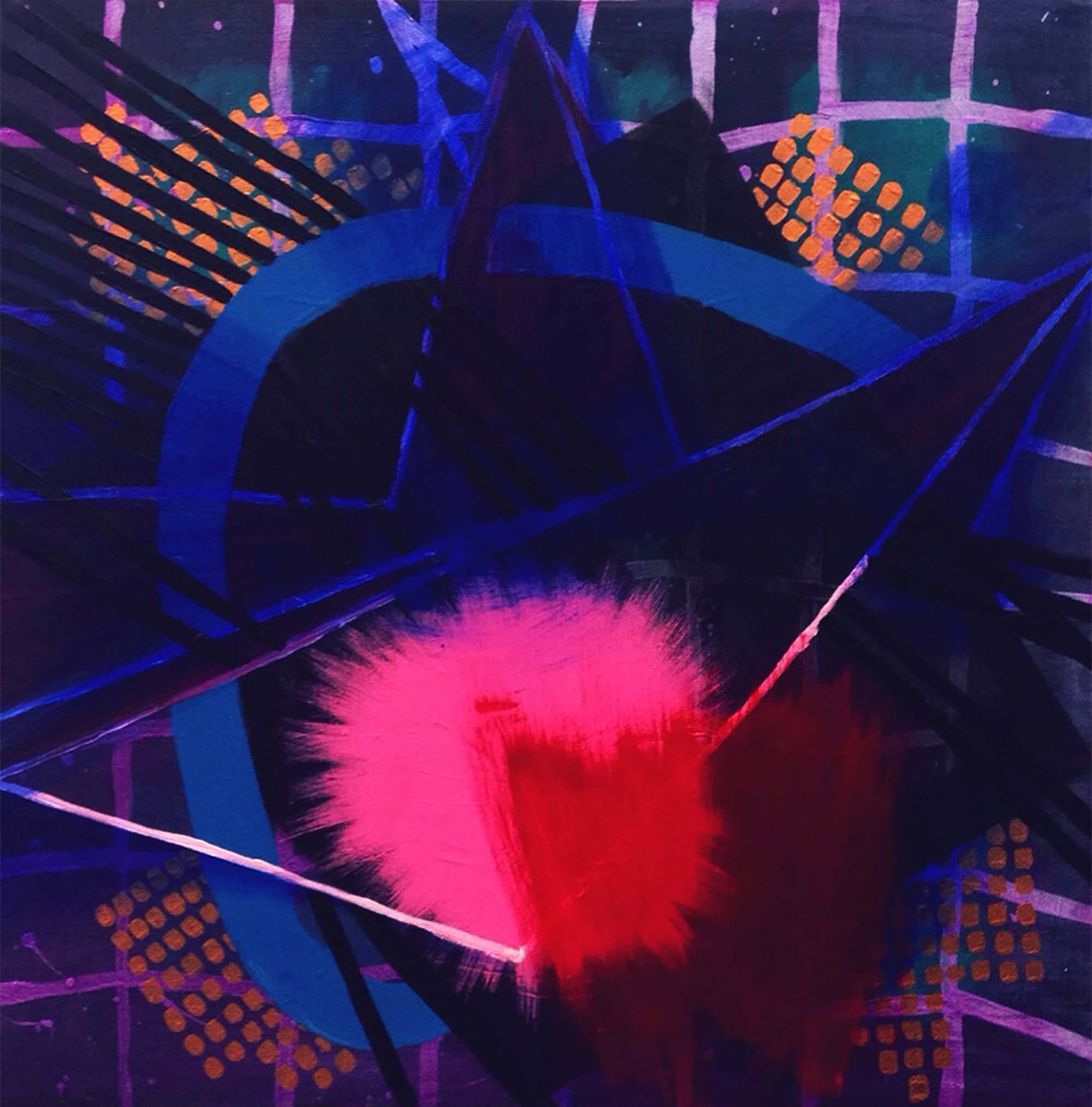 an abstract geometric painting containing a bright pink burst at the lower center