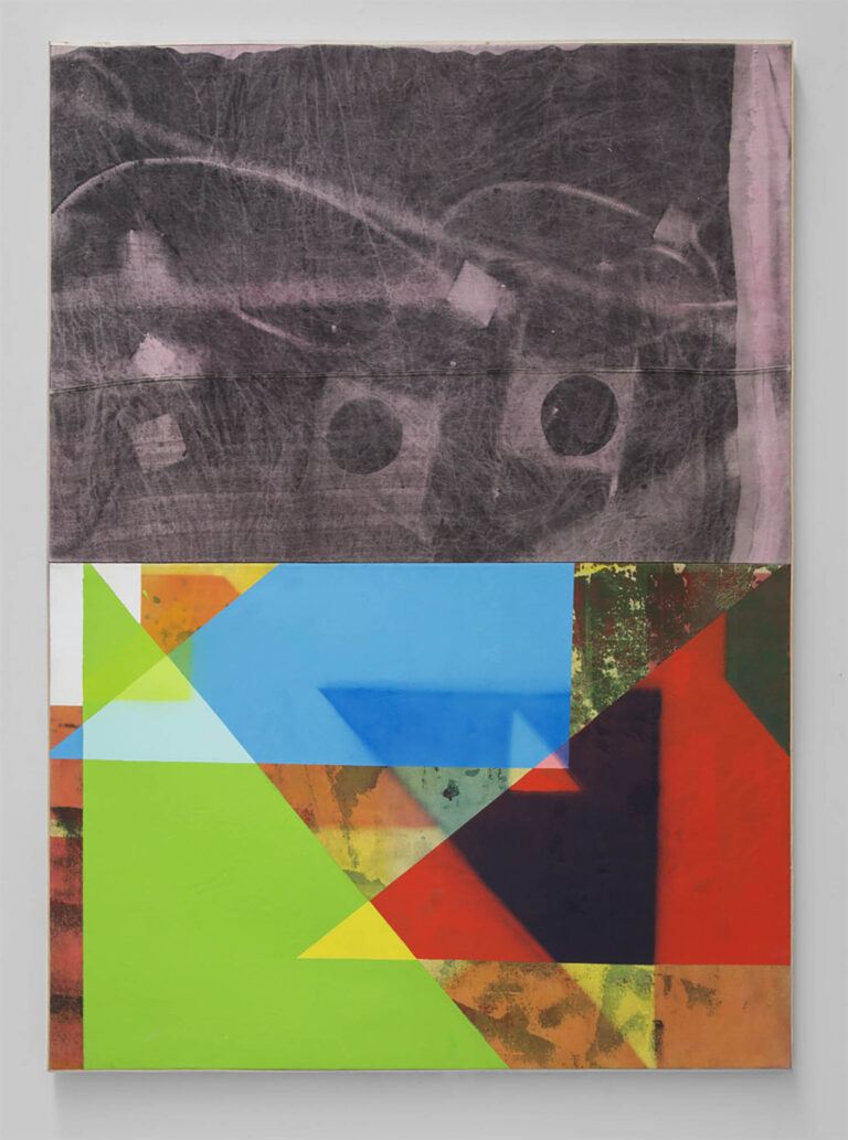 An abstract painting separated by a horizontal cut, the top black and white and bottom in color