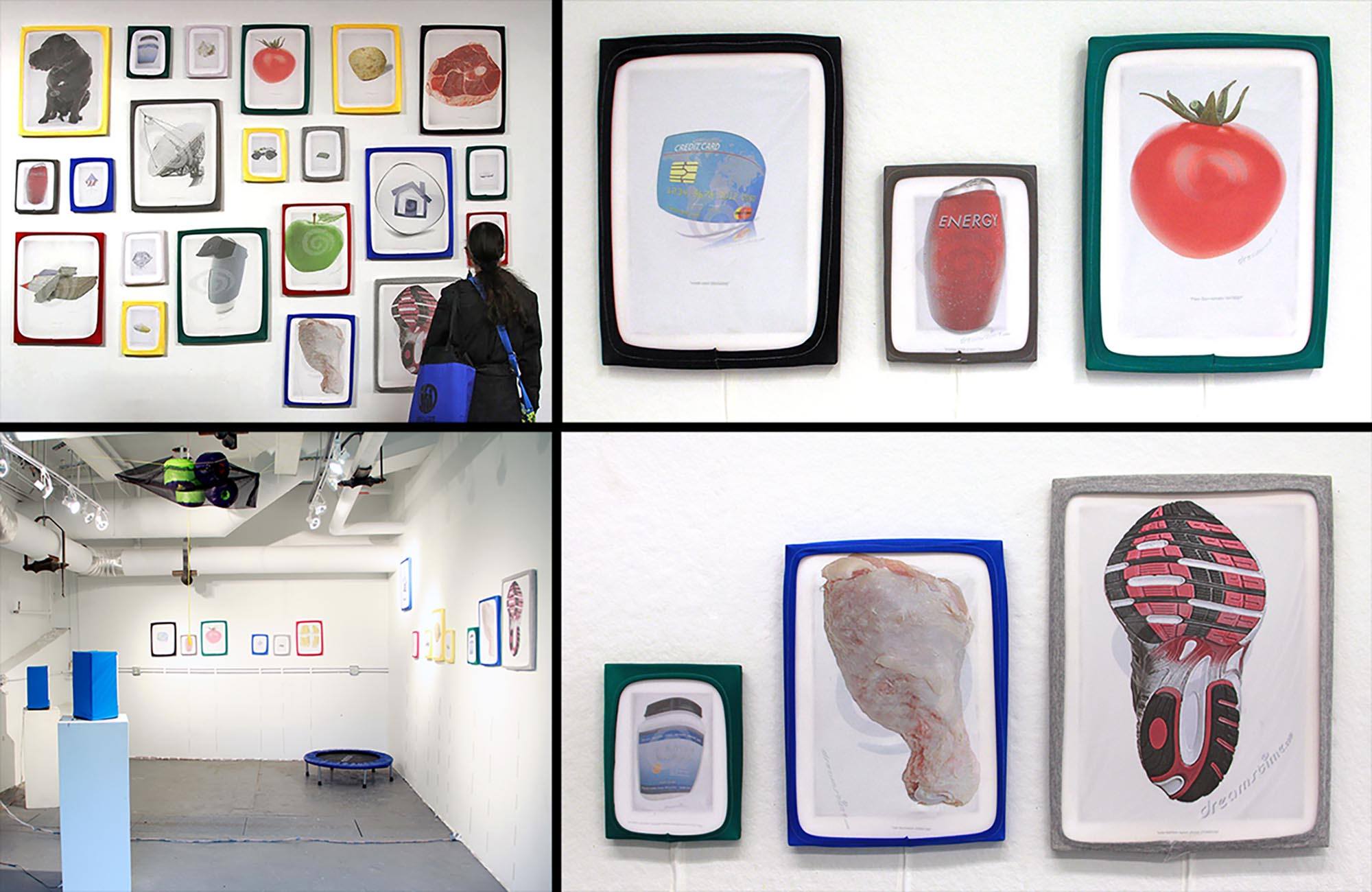 Drawings of different recognizable items including a tomato, a credit card, a raw chicken wing, and a sneaker framed and hung together