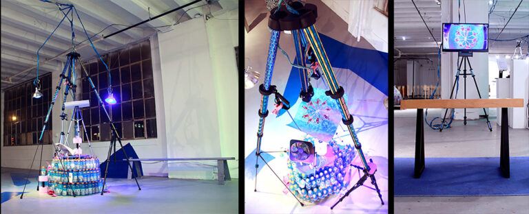 Three installation images featuring an oversized tripod, stacks of blue Gatorade, and other elements in a gallery space