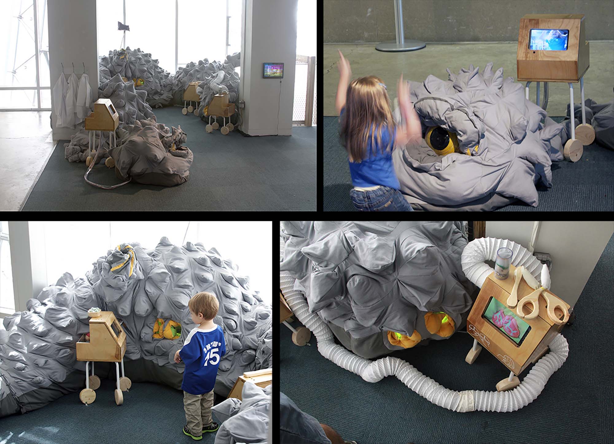 A large spiky cushioned gray sculpture in different settings with children