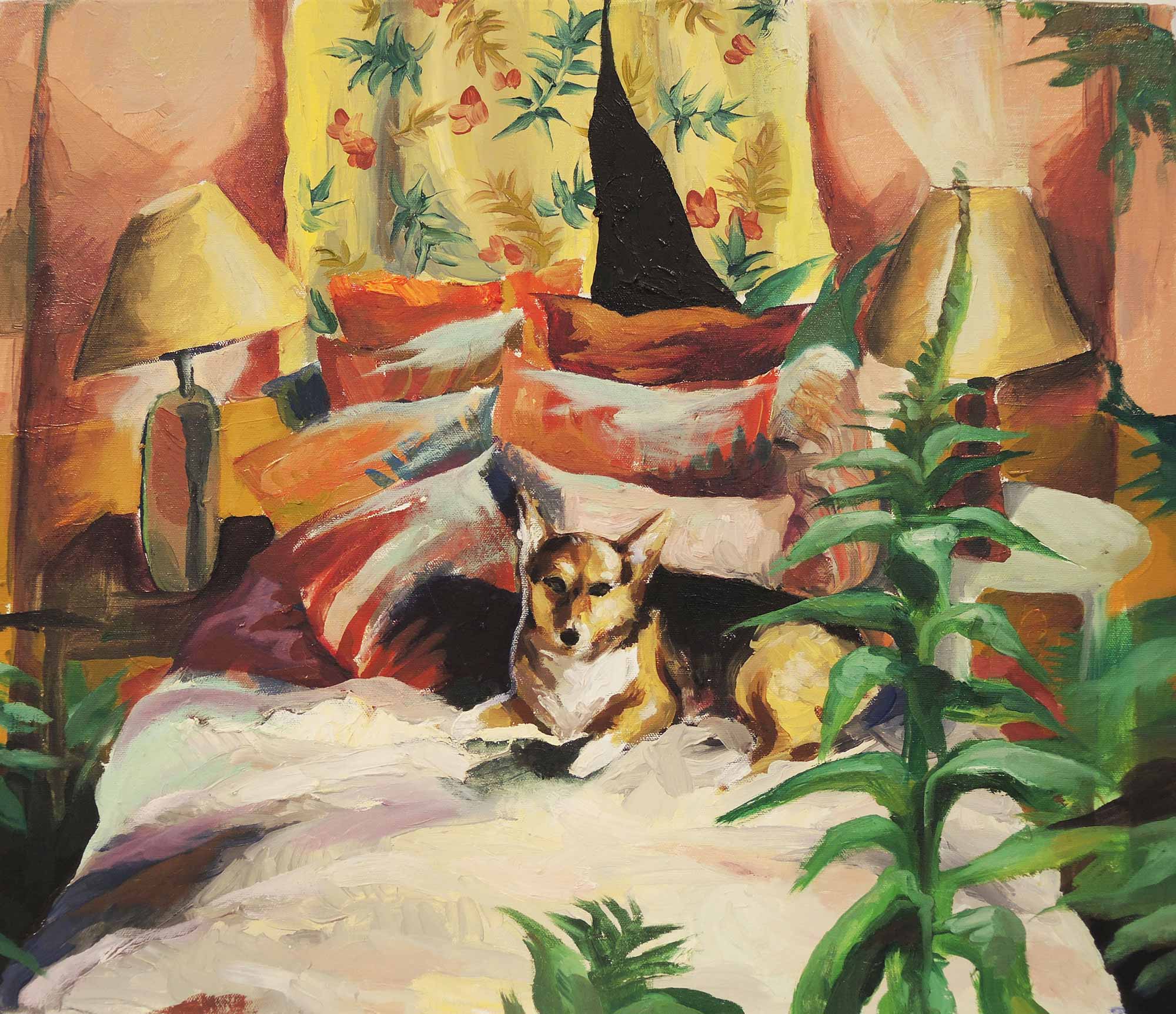 A painting by Oonagh Carroll Warhola of a dog laying on a bed
