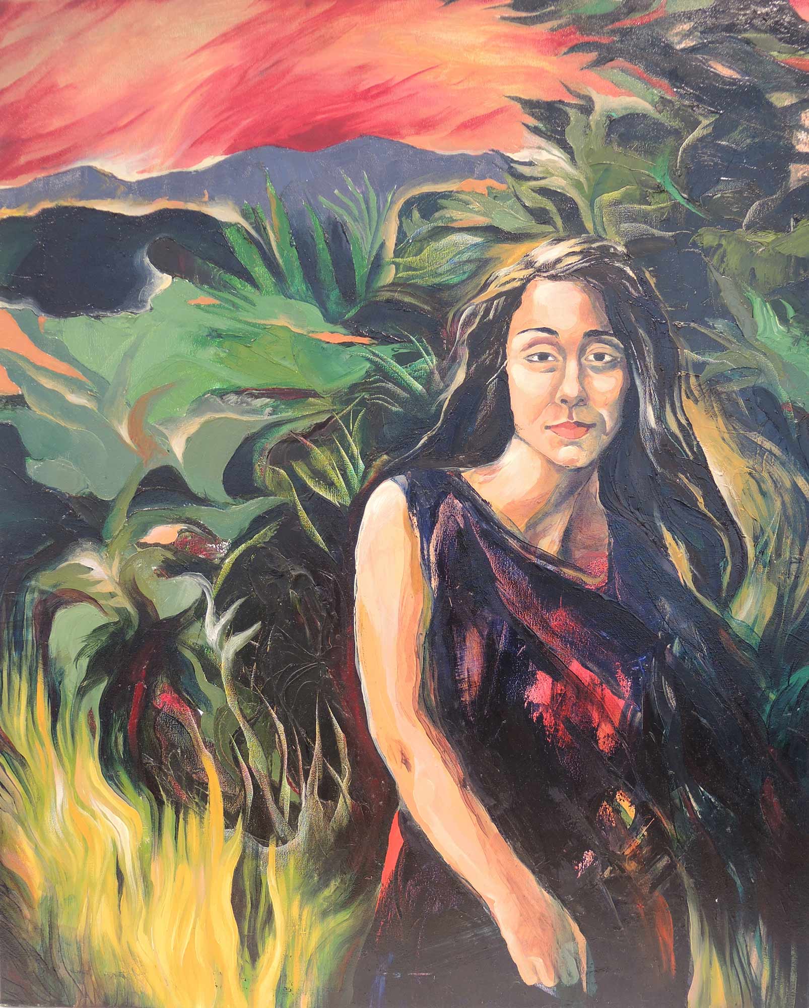 A painting by Oonagh Carroll Warhola of a woman in nature