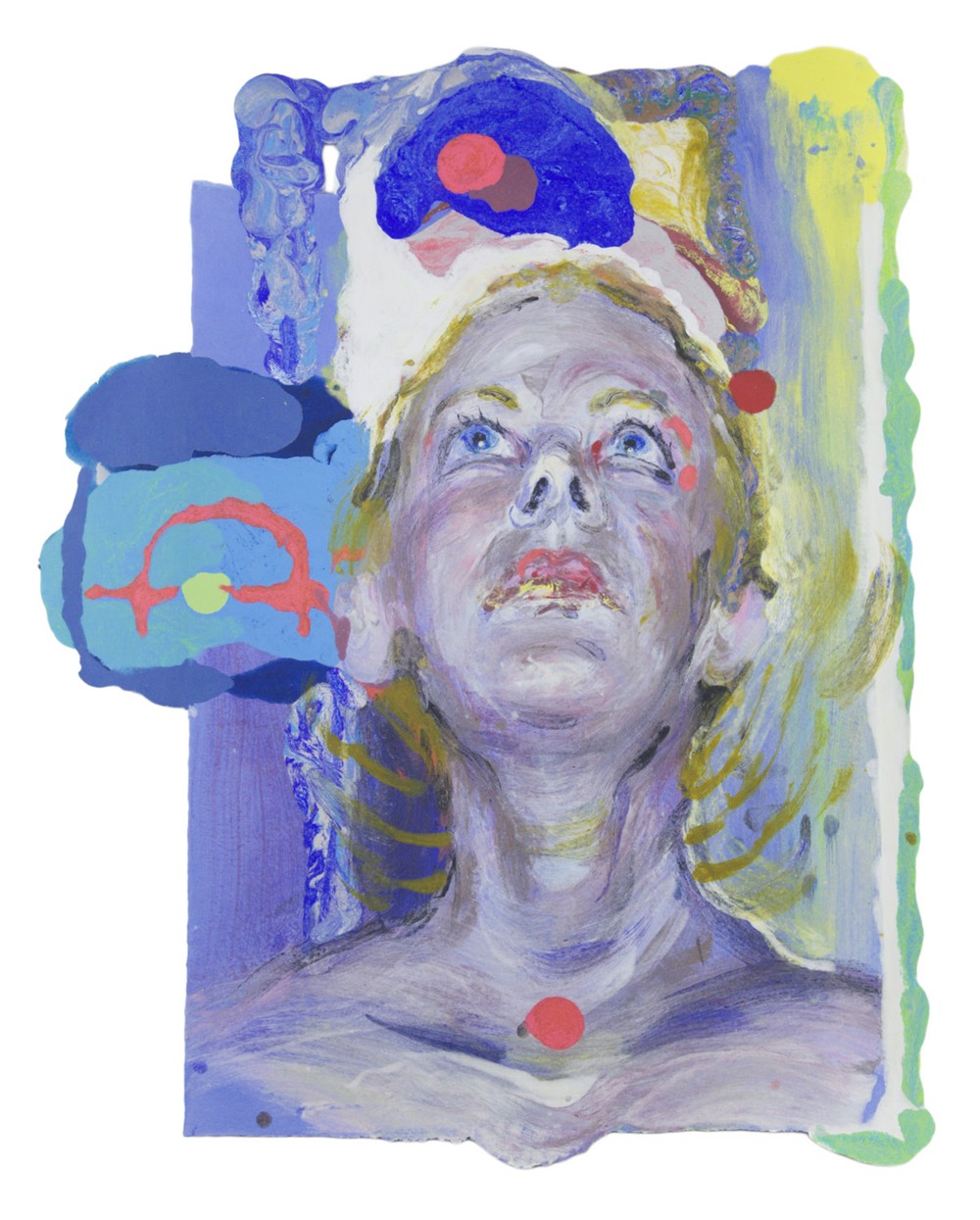A painting of a face looking up