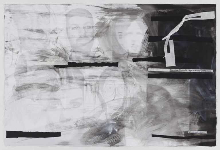a black and white abstract collage containing partially legible faces