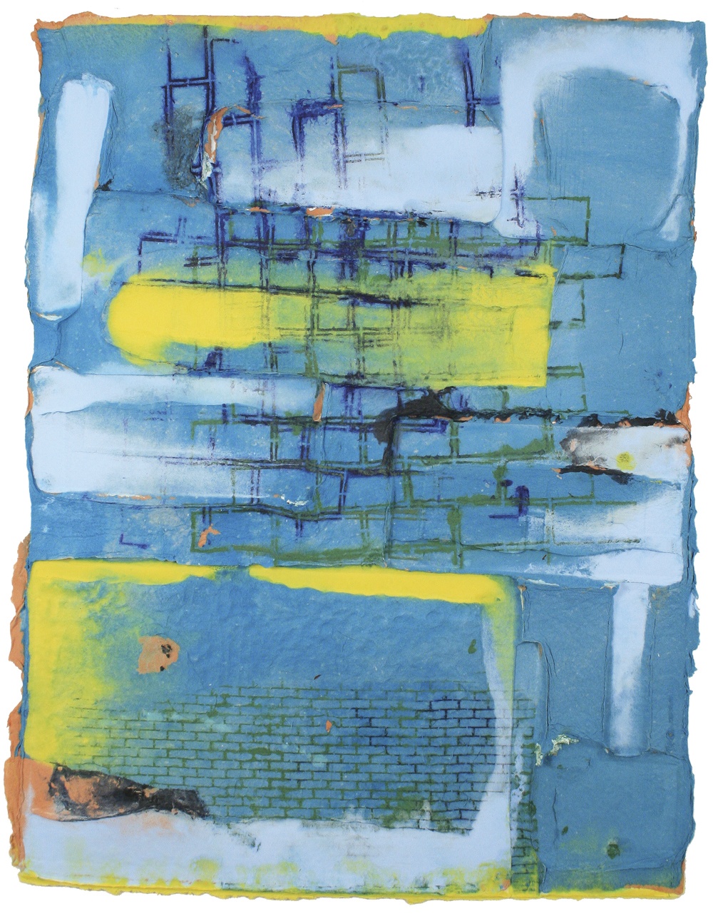 An abstract painting in blue and yellow with brick patterns throughout
