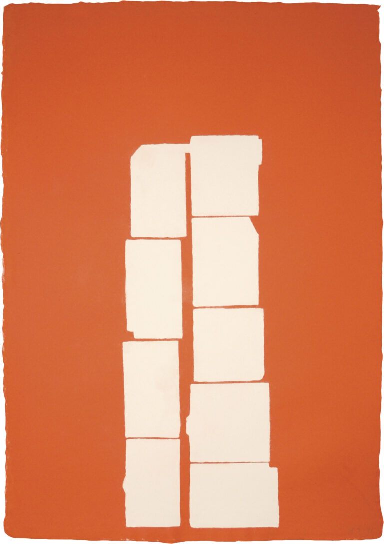 a painting containing nine white rectangles stacked in two towers on an orange ground