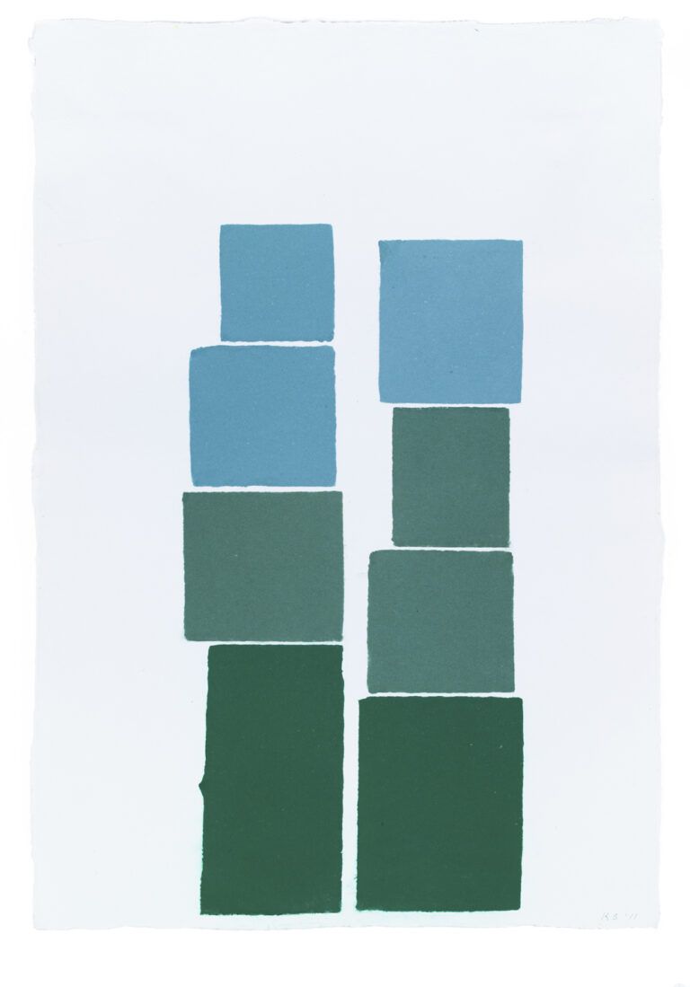 a painting containing eight green and blue rectangles stacked in two towers