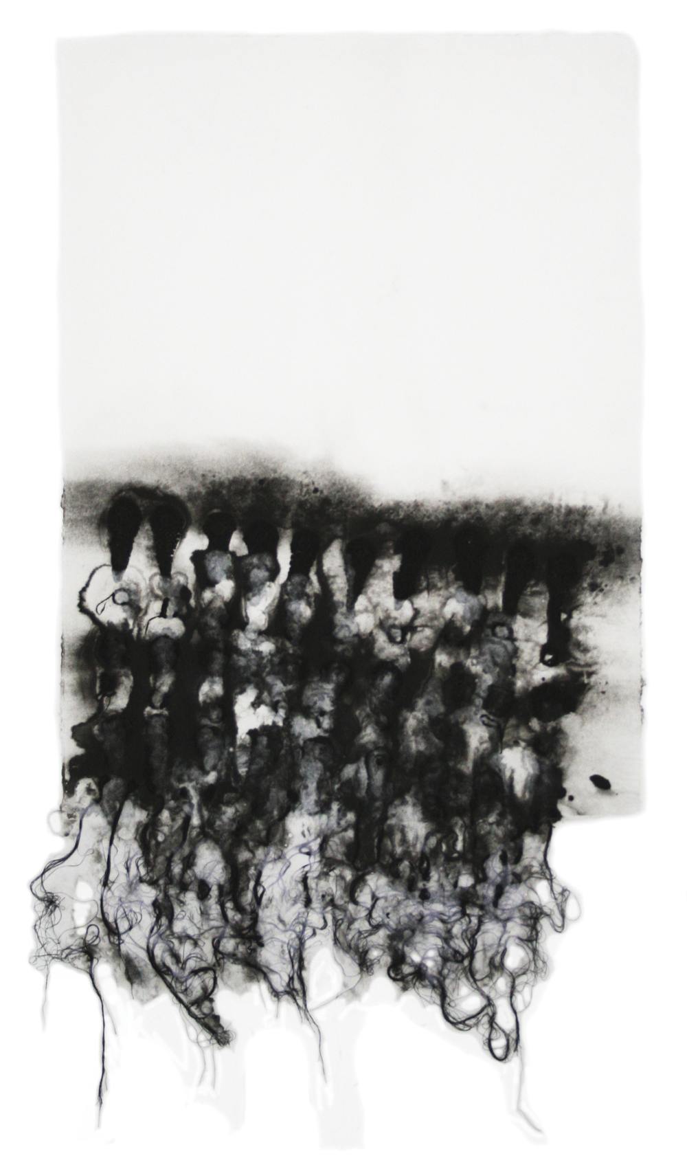 An abstract work containing black fibers on a white ground