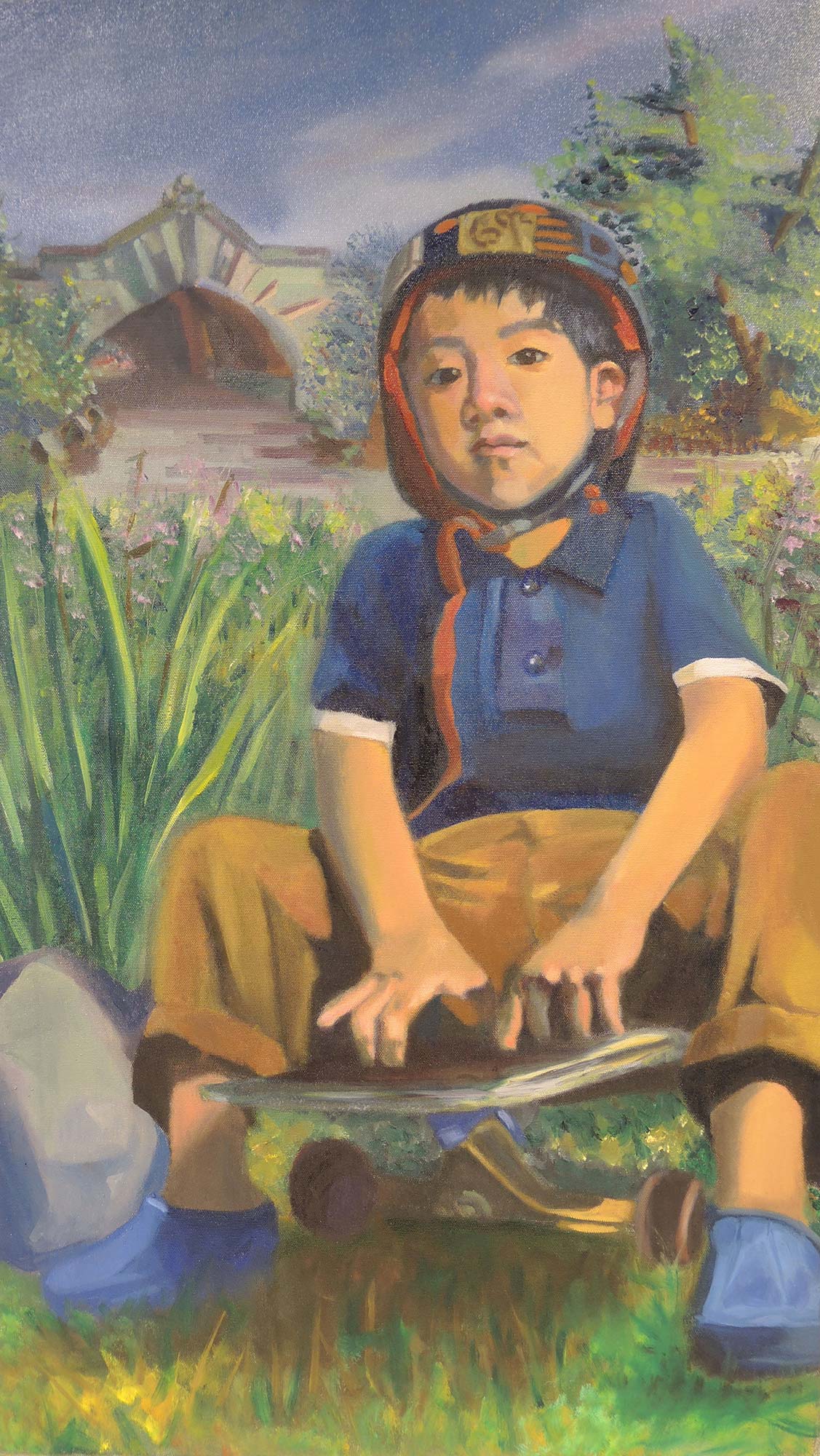 A painting by Robert Gomez of a child sitting on a skateboard