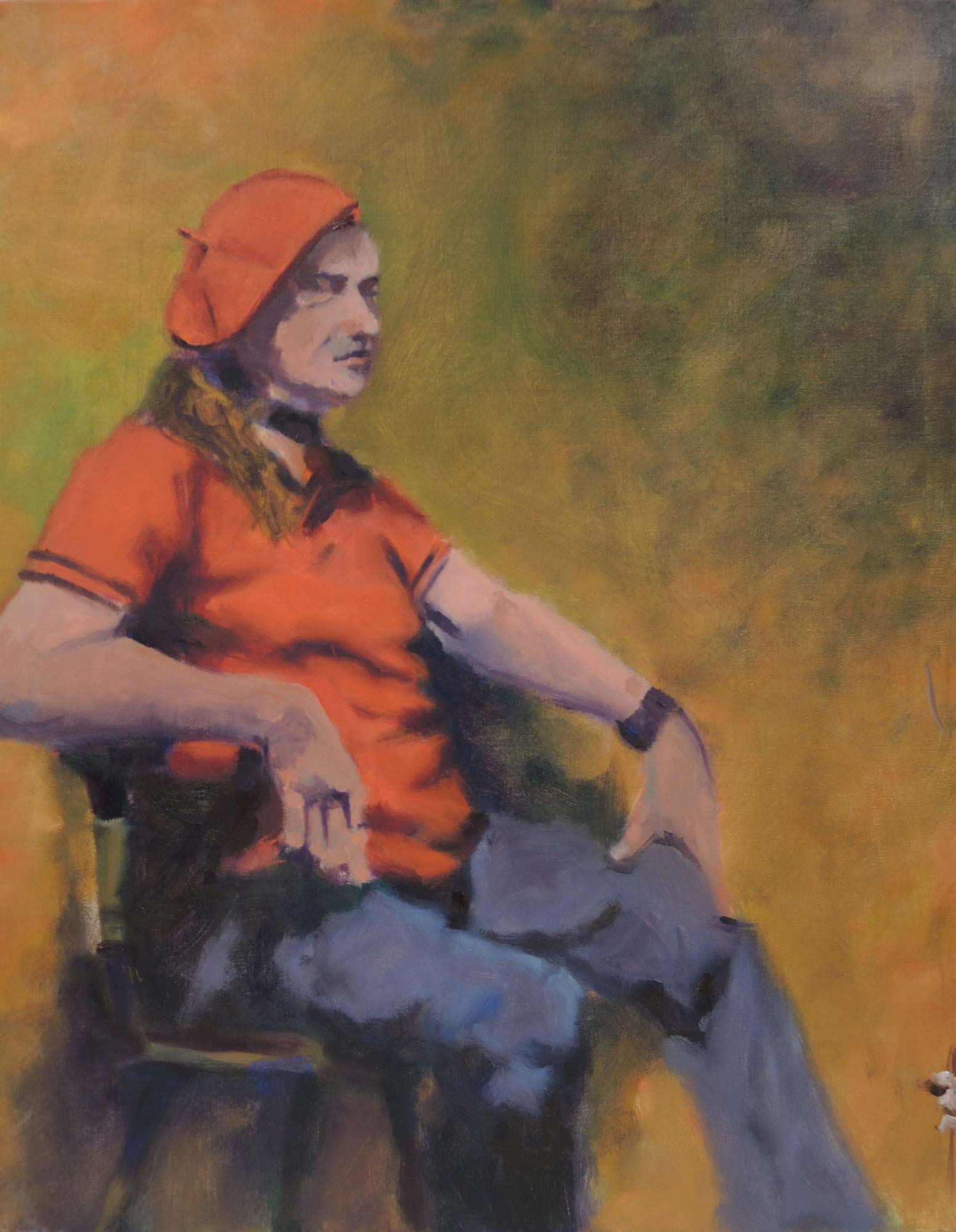 A painting by Robert Gomez of a seated figure in a red shirt and hat