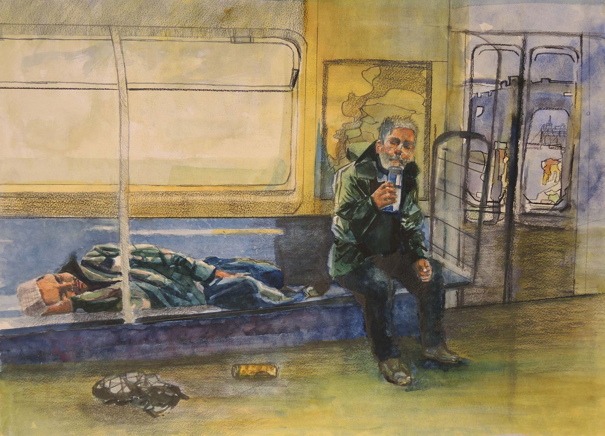 A painting by Robert Gomez of two people on a subway