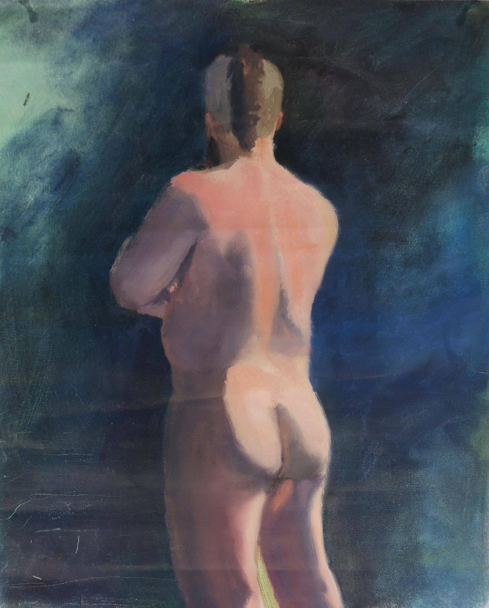 A painting by Robert Gomez of a nude figure from behind