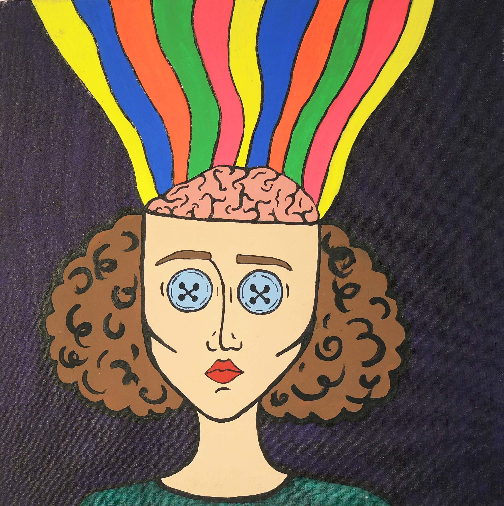 An illustration by Tahiri Guevara of a girl with the top of her brain showing, and a rainbow of colors coming out of her head